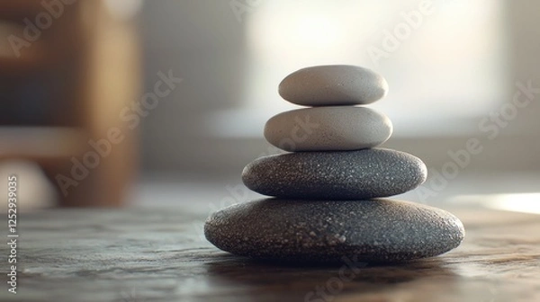 Fototapeta Zen Stones Stacked on Wooden Table: A Symbol of Balance and Serenity