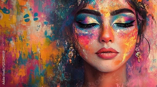 Fototapeta A joyful woman with colorful powders on her face celebrates a vibrant festival, surrounded by a burst of colors, exuding happiness and festivity.