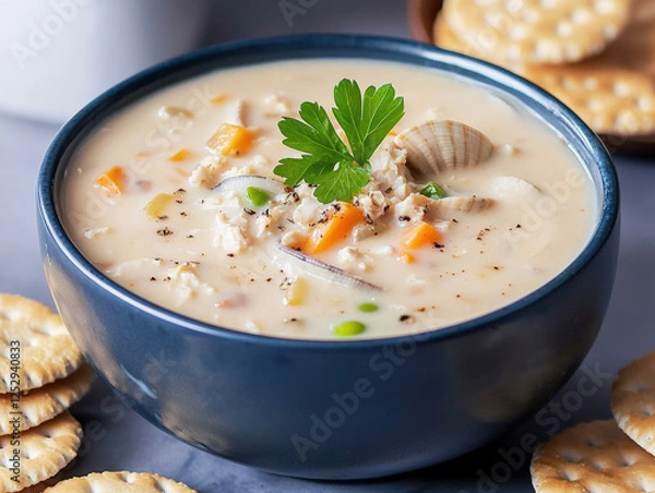 Fototapeta Creamy clam chowder in bowl with vegetables and crackers on side