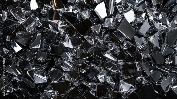 Fototapeta Shimmering Black Glass Fragments on a Reflective Surface Background