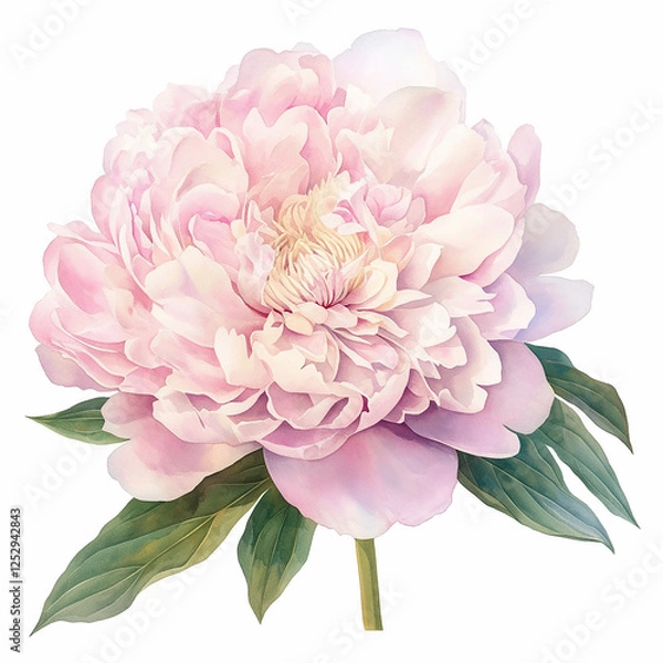 Fototapeta A watercolor painting of a pink flower with green leaves and three small green buds. The flower is the main focus of the painting, and the green leaves and buds add depth