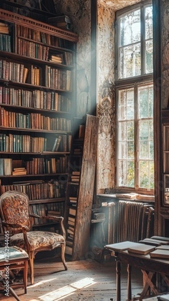 Fototapeta Cozy Reading Nook in Vintage Library with Sunlight Streaming In