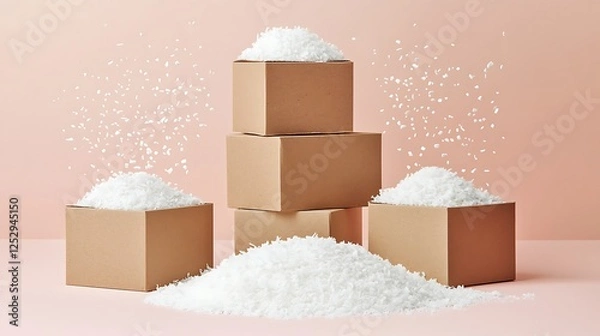 Fototapeta Cardboard boxes overflow with white flakes against a peach background
