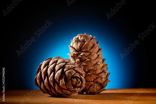 Obraz Pine cones on a black background with a blue spot. Artistic defocus.