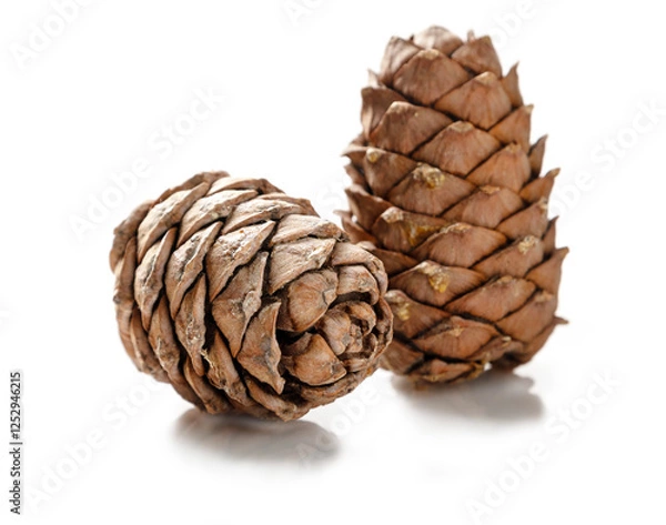 Obraz Pine cones on a white background. Art defocus.