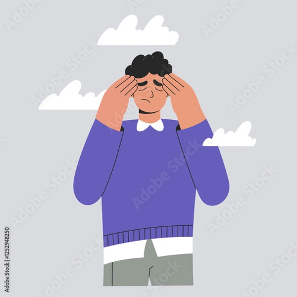 Fototapeta Sad, tired man under clouds, anxious person has headache in bad mood covers his face with hands. Psychological disorder, mental health problem concept. Burnout and depression, flat vector illustration