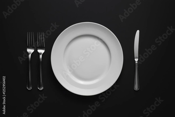 Fototapeta White plate with knife and fork set on table for fine dining experience