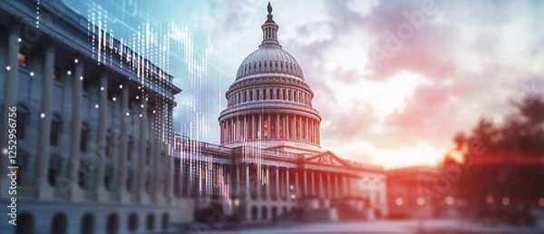 Obraz Capitol building sunset, finance graphs
