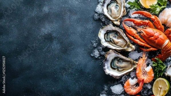 Fototapeta Fresh seafood platter with lobster, shrimp, and oysters