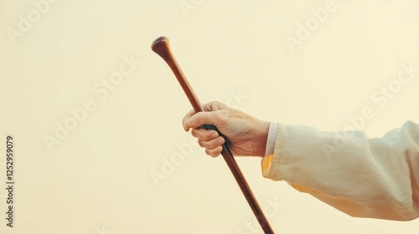 Fototapeta Focused image of a senior woman's hand clutching a simple wooden cane, against a light gradient background with room for text.