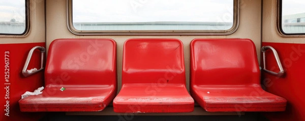 Fototapeta Red seats in public transportation vehicle with clean interior and window view