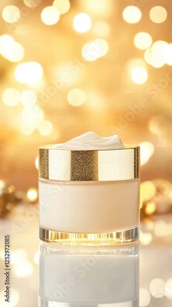 Fototapeta Cream Jar With Golden Lid Against Blurred Light Backgrounds