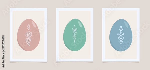 Obraz Wall art set of 3 abstract Easter eggs. Scandinavian, minimalism, boho style. Design of premises, rooms, offices, halls, corridors, kitchen. Contemporary art Vector illustration