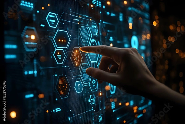 Fototapeta Futuristic Touchscreen Interface with Hexagonal Digital Icons and Neon Glow