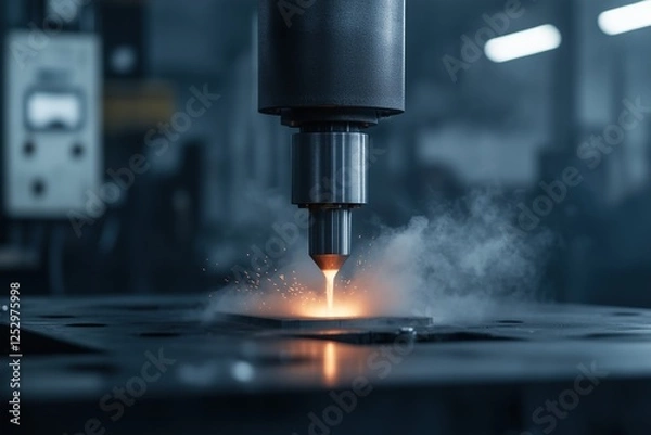 Fototapeta Close-up of industrial machinery welding with sparks and smoke in a factory. Precision engineering and manufacturing concept
