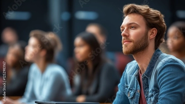 Fototapeta Man with a beard is sitting in a classroom with other people