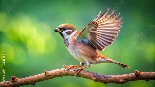 Fototapeta Eurasian Tree Sparrow Bird Taking Flight from Branch, Wildlife Photography