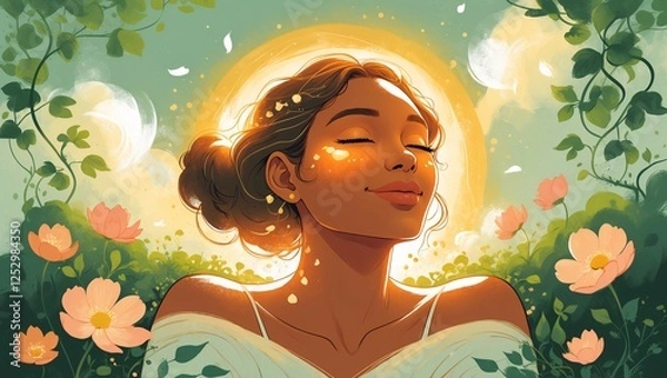 Fototapeta Vibrant depiction of a serene woman basking in sunlight surrounded by blooming flowers and lush greenery during a tranquil moment in nature
