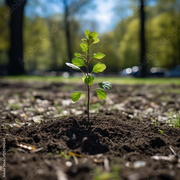 Fototapeta A young tree planted in the center of a public park on Arbor Day.