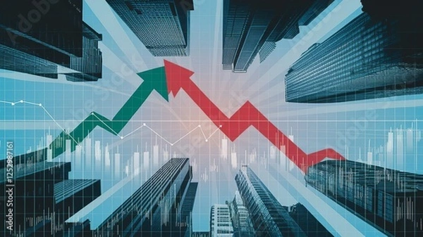 Obraz Double Exposure of Skyscrapers with Financial Indicators and Market Data