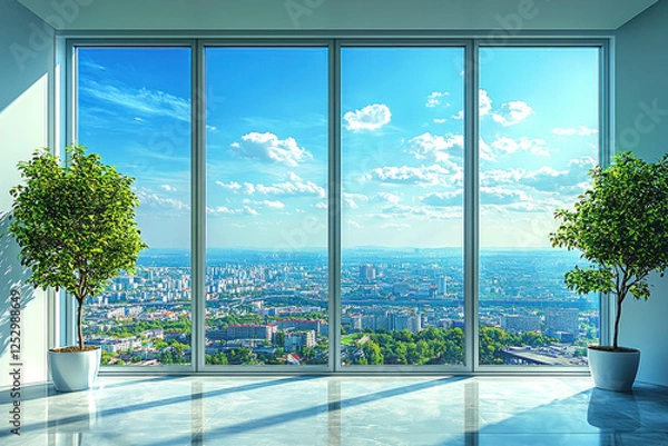 Fototapeta Modern office interior with large windows overlooking cityscape, ideal for workspace concepts