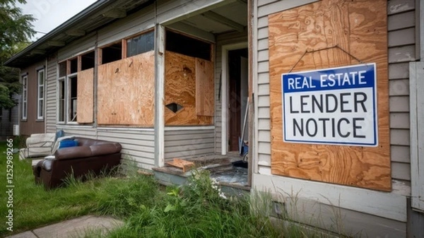 Fototapeta Real estate lender notice on a boarded-up property in foreclosure