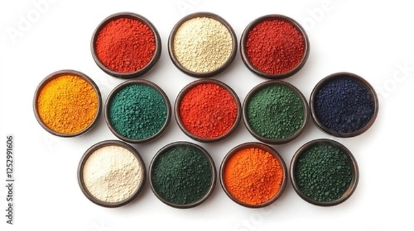 Fototapeta Vibrant indian holi festival color powders in four bowls on white background. Concept of colorful gulal, celebration, and cultural