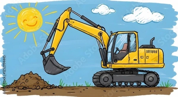 Fototapeta A yellow crayon excavator against a background of blue sky with white clouds.