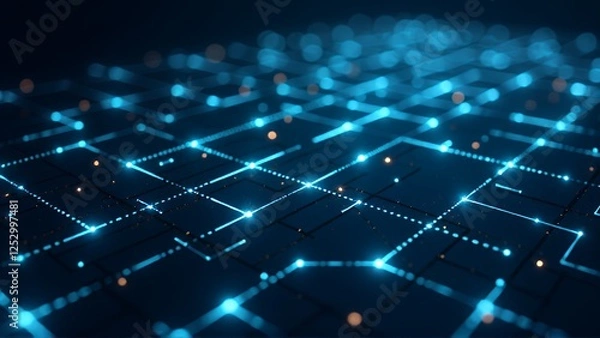 Obraz A futuristic and high-tech scene featuring a grid of interconnected, glowing blue lines on a dark surface. The image conveys a sense of advanced technology and digital connectivity, with sparkling par