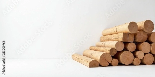 Obraz A neatly stacked pile of light-colored cylindrical wood pieces against a minimalist white backdrop