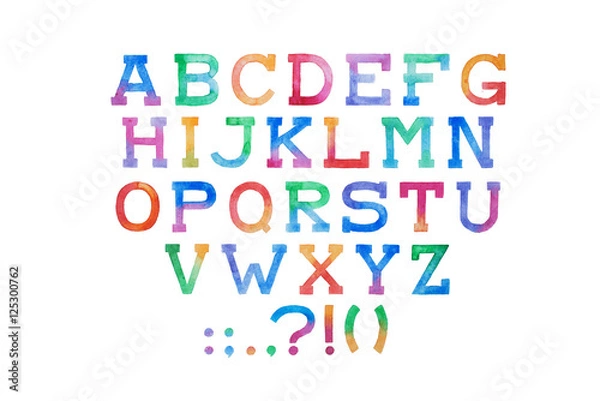 Fototapeta Colorful watercolor aquarelle font type handwritten hand draw abc alphabet letters