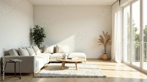 Fototapeta Serene Minimalist Living Room Design Featuring a Comfortable Sectional Sofa and Natural Light
