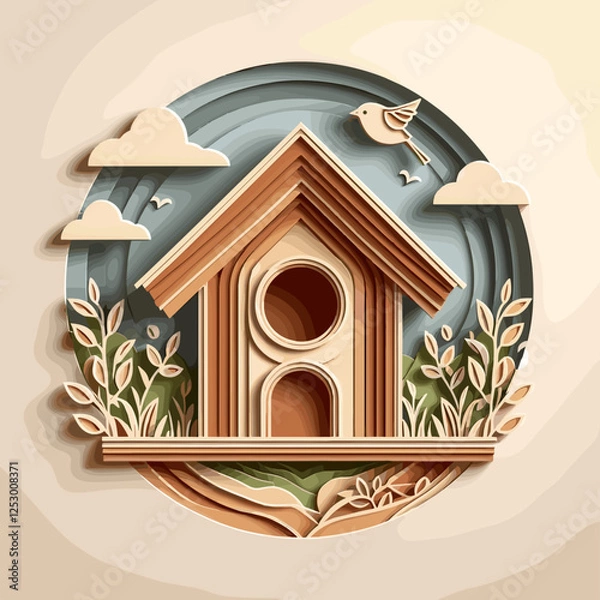 Fototapeta Stylized birdhouse in a colorful layered paper art design with greenery and clouds
