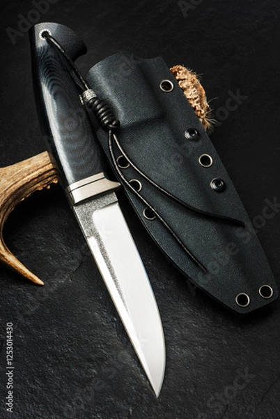 Obraz Hunter hand made knife. Handle - titan and carbon. Copy space.

