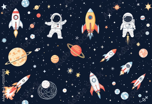Fototapeta A space theme with a variety of space-related objects, including planets, stars, and rockets, all set against a dark blue background. Vector patterns, random pattern