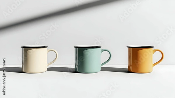 Fototapeta A collection of pastel-colored enamel mugs arranged on a white surface, casting soft shadows, creating a minimalist aesthetic.