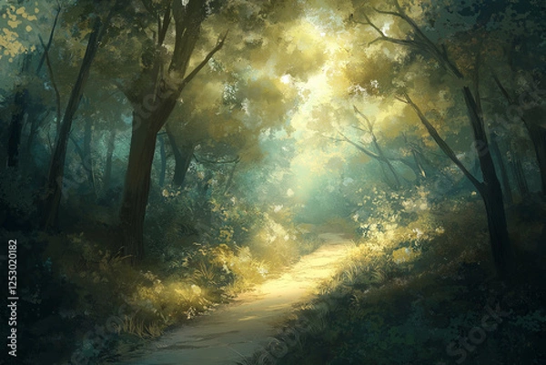 Fototapeta Path to Enlightenment: A Sunlit Forest Path, Bathed in Golden Light, Invites Wanderers to Embrace the Tranquility of Nature, Connecting with the Earth, Serenity, and the Simple Beauty of the Wild.