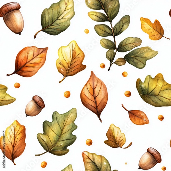 Obraz Autumn Seamless Pattern with Leaves in Watercolor Style