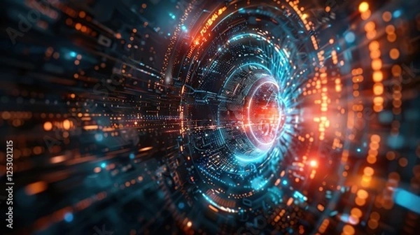 Fototapeta a close up of a tunnel with many lights and a blue light