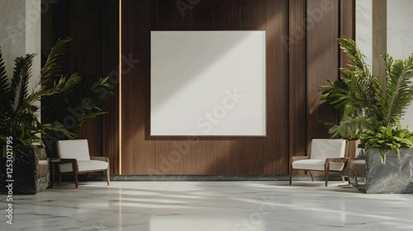 Obraz A wooden-paneled interior featuring a large blank white board for branding, framed in a modern and sophisticated setting.