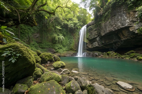 Obraz amazon rainforest, Beautiful Waterfall Pool Amidst Lush Greenery With Rocks And Trees With A Calm