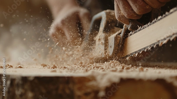 Fototapeta Close-up of chainsaw carving through log. A cloud of sawdust rises as the teeth grind the wood.