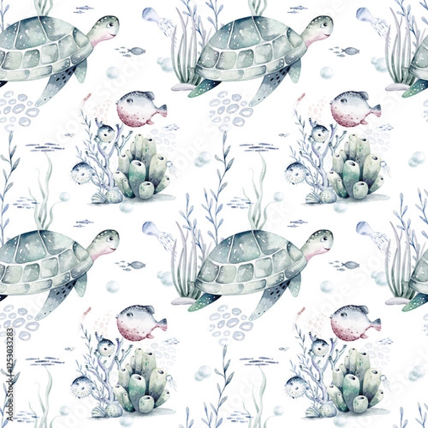 Obraz Watercolor seamless pattern with underwater world Bright fish, whale, shark dolphin starfish animals. Jellyfish seashells. Sea and ocean fish life background