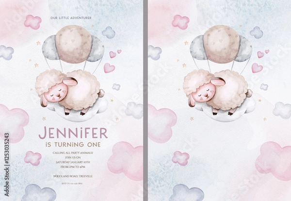 Obraz Watercolor hand drawn illustration of a cute baby sheep, lamb, sleeping on the moon and the cloud. Baby Shower Theme Invitation birthday Template