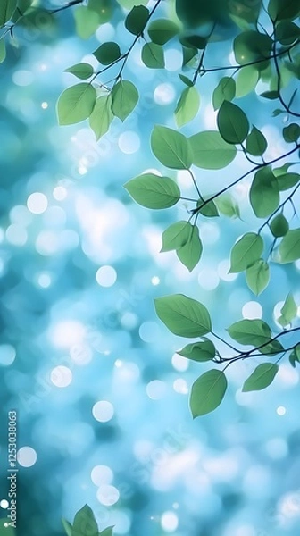 Fototapeta Soft green leaves blending into a glowing blue summer sky illuminated by natural scattered bokeh.
