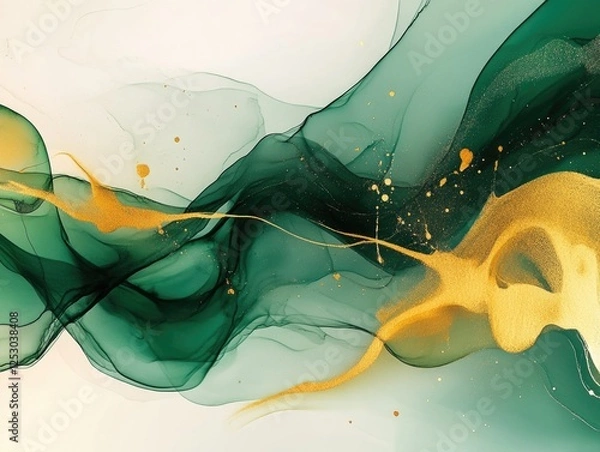 Fototapeta A vibrant, abstract art piece featuring gold foil accents on a fluid background created with watercolor and ink techniques.