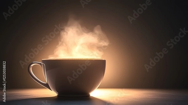 Fototapeta A contemporary coffee cup with a sleek silhouette, holding a robust brew that steams gracefully under soft, diffused lighting.