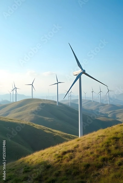 Fototapeta Wide wind turbines stretch across rolling hills under clear blue skies, symbolizing renewable energy and sustainability in modern landscapes.