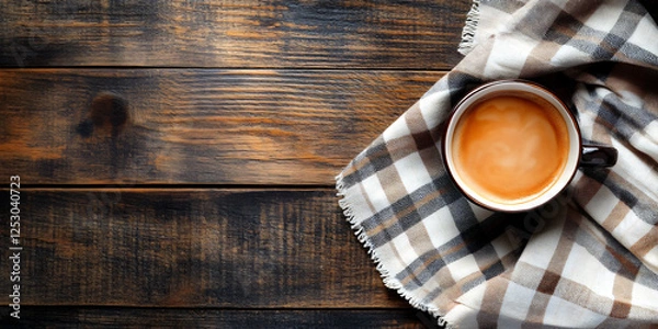 Fototapeta Top down view of coffee cup on wooden table with checkered napkin, Morning refreshment, Cafe culture, and cozy ambiance
