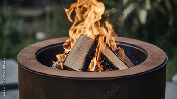 Fototapeta Rustic Corten Steel Fire Pit with Burning Wood Logs and Warm Flames in a Garden Setting